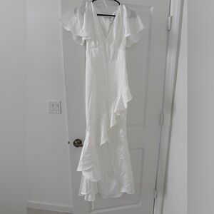 Lulu's White Ruffle V-Neck Maxi Wedding Dress